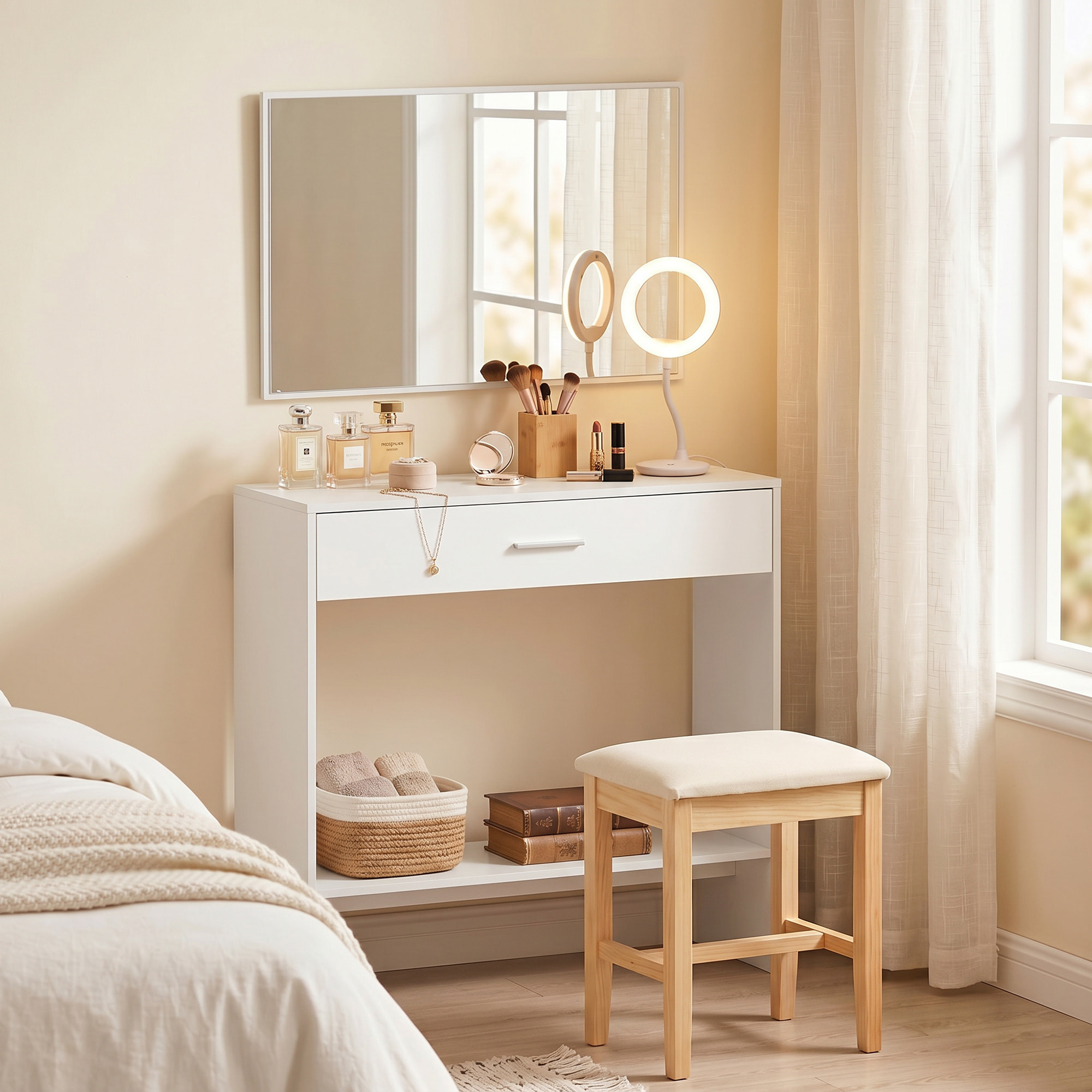 Recibidor de Entrada con Espejo, Cajón y Estante, Mueble de Recibidor de 2 Piezas con Mesa Consola y Espejo, Diseño Antivuelco, para Pasillo, 91,5x27,9x85,5 cm, Blanco
