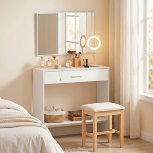Recibidor de Entrada con Espejo, Cajón y Estante, Mueble de Recibidor de 2 Piezas con Mesa Consola y Espejo, Diseño Antivuelco, para Pasillo, 91,5x27,9x85,5 cm, Blanco