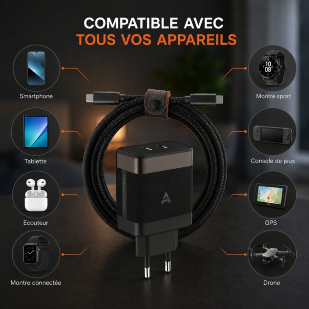 Chargeur ordinateur portable ADEQWAT 65W 2 USB-C + Cable USB-C 2M - Noir
