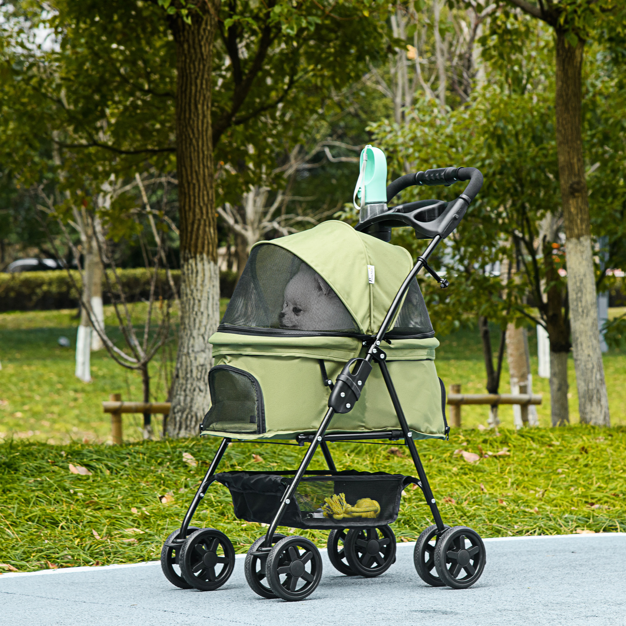 Poussette buggy pliable chien chat panier rangement porte-gobelets tissu 300D Oxford imperméable 4 roues vert
