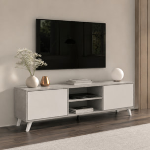 Mobile TV Moderno Con 2 Ante Battenti Ripiani Centrali Aperti Gambe Design Per Televisori fino a 75” 180 x 39,6 x 49 Cm Grigio Cemento E Bianco