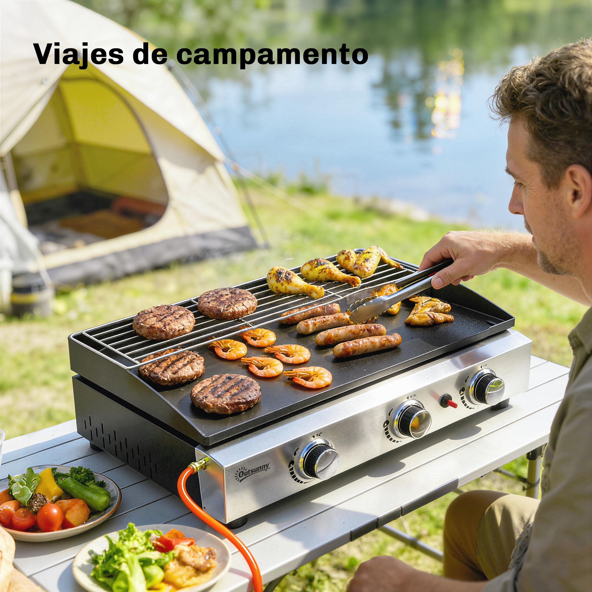 Barbacoa de Gas BBQ Gas con 3 Quemadores 7,5 kW, Barbacoa Portátil con Plancha, Rejilla Calentadora y Recogedor Grasa, para Camping, Picnic, Terraza, Negro