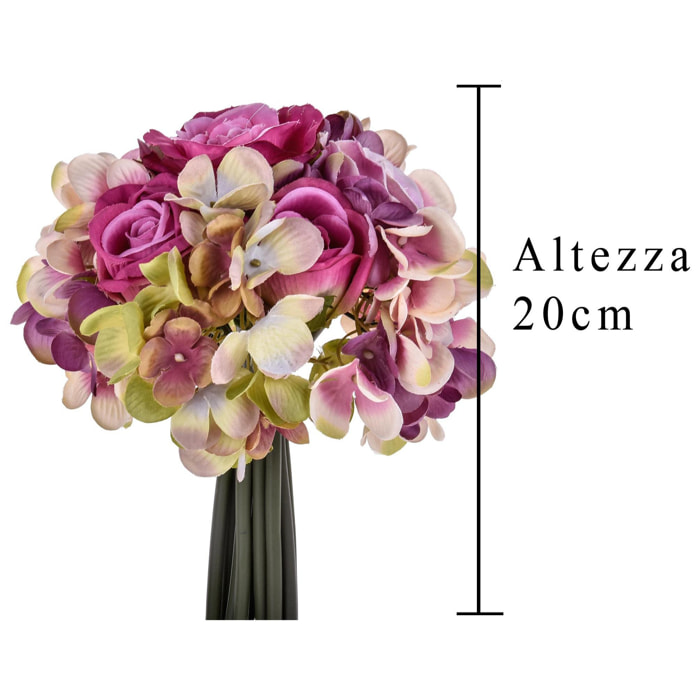 Bouquet Composto Da 11Fiori Di Rose E Ortensie . Altezza 20 Cm - Pezzi 4 - 18X20X5cm - Colore: Rosa - Bianchi Dino - Fiori Artificiali