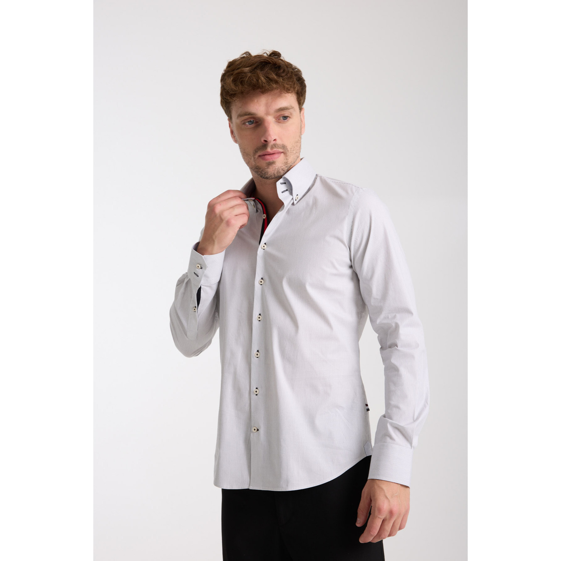 Camicia Uomo 2 Bottoni Button Down Slim Popeline Stretch Riga Media Bianco/Nero
