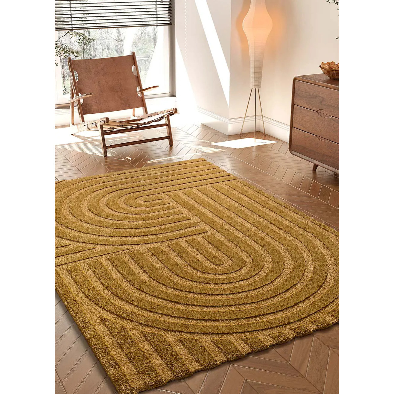 SNOWY Alfombra con relieve de estilo escandinavo en mostaza, varias medidas disponibles.