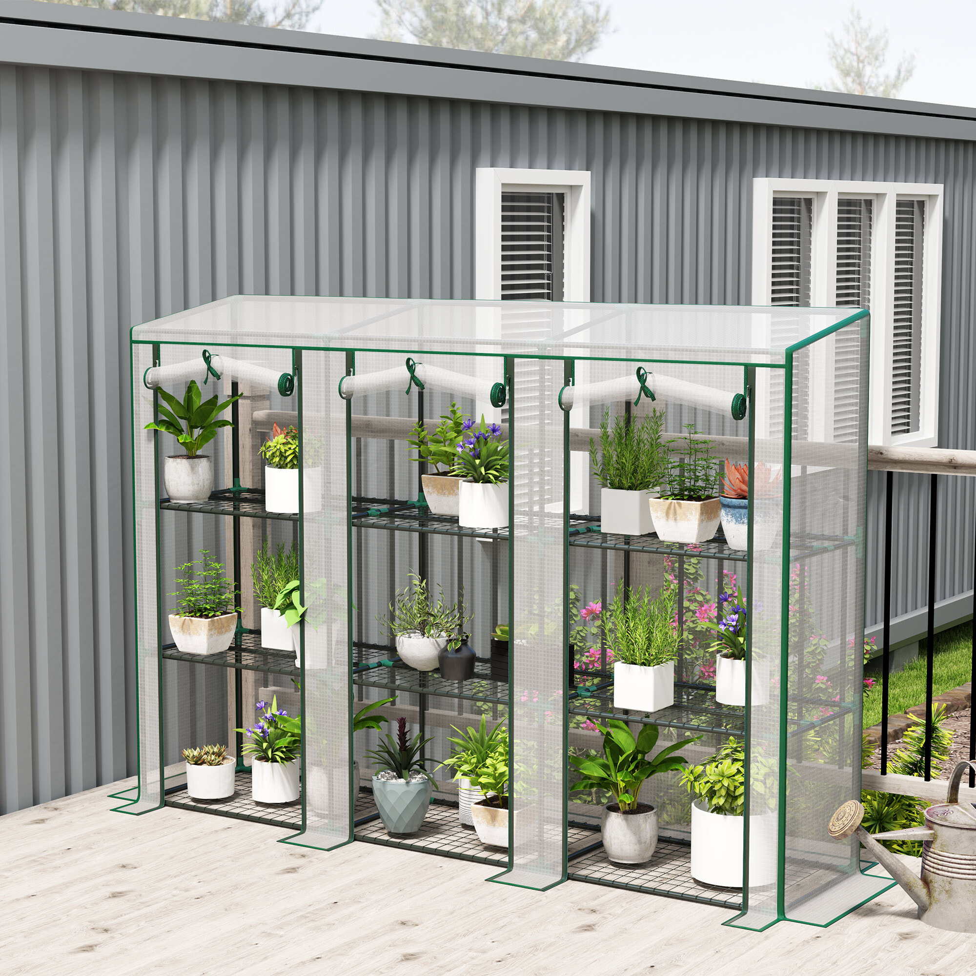Invernadero de Exterior de 3 Niveles Invernadero de Jardín con 9 Estantes Puerta Enrollable con Cremallera Marco de Acero Cubierta de PE 140g/m² Anti-UV para Terraza Patio 215x46x151cm Blanco