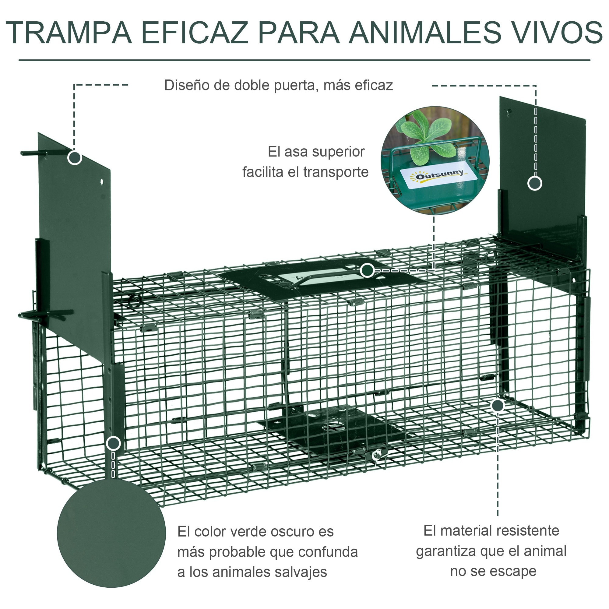 Trampa para Animales Vivos 60x18x20 cm Jaula Trampa para Gatos con 2 Puertas Asa y Marco de Acero para Conejos Ardillas Hurones Verde