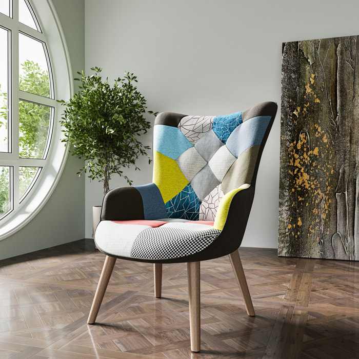 Poltrona Patchwork Memory Foam con Braccioli Imbottita Schienale Alto Piedi in Legno Design Ufficio Studio Salotto Soggiorno 76x68x98 cm Multicolore