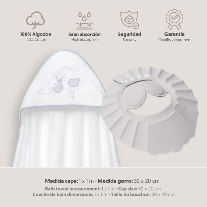 Capa Baño 1X1 Mod Cigueña Oso+Gorro Bco/Gris