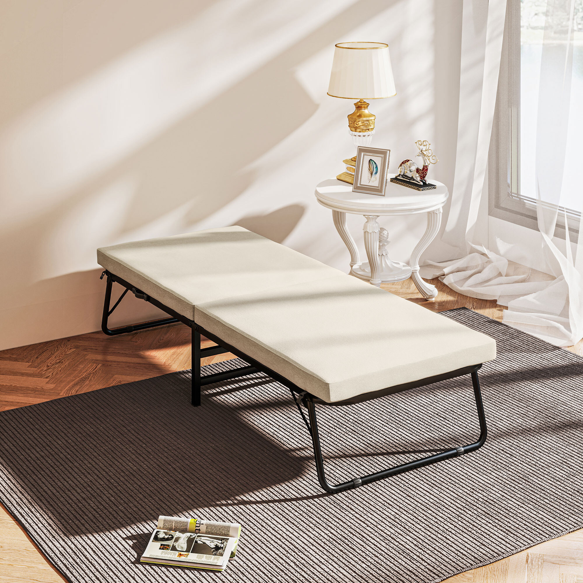 Cama Plegable 70x180 cm con Colchón de Espuma Mueble Cama Plegable con Respaldo Ajustable en 5 Posiciones y Ruedas Cama de Invitados Carga 120 kg