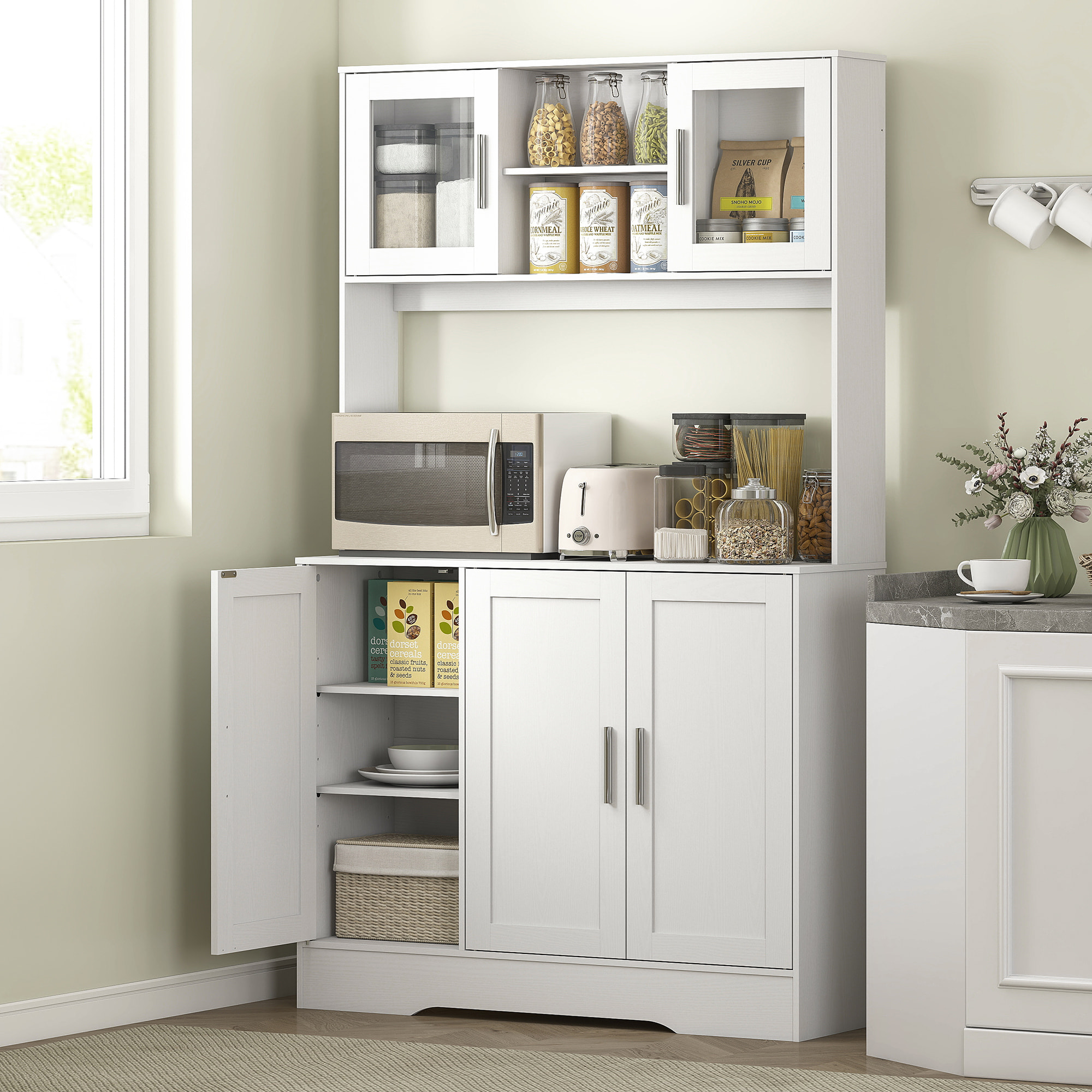 Buffet haut cuisine - vaisselier vitrine 4 portes, 3 étagères, 2+1 niches - blanc
