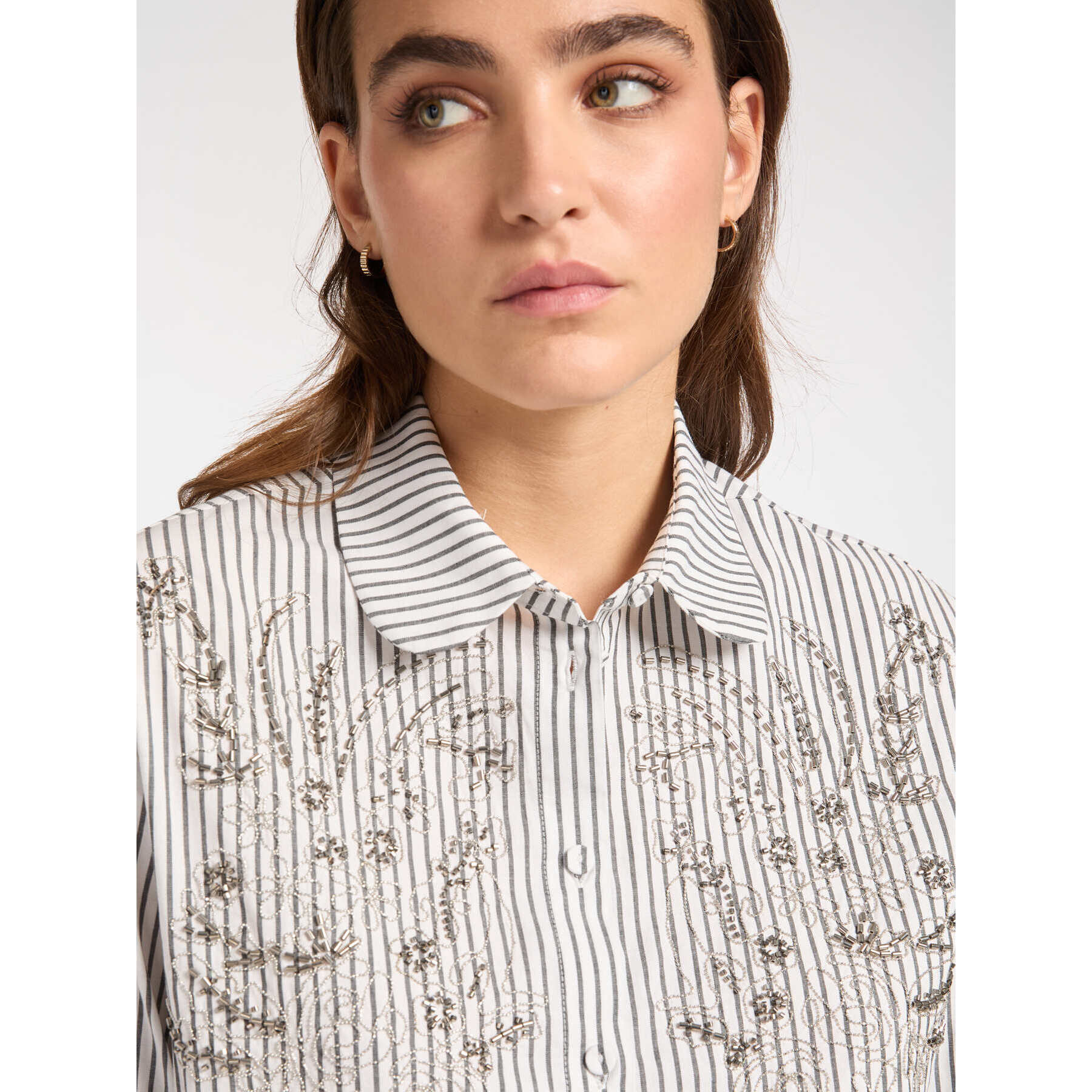 Elena Mirò - Camicia a righe con ricamo a mano - Nero