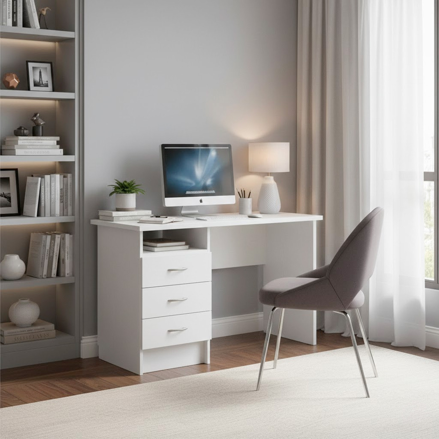 Scrivania Moderna Con 3 Cassetti E Vano a Giorno Desk Salvaspazio Per Home Office Studio E Cameretta Piano di Lavoro Ampio 120.1X48.1X72.6 Cm Bianco