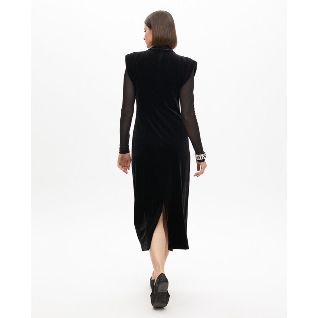 Vestito Lungo di Velluto con Maniche Trasparenti