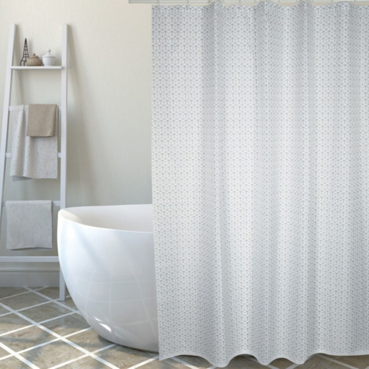 Rideau de douche Polyester MOSAàK 180x200cm QUALITà PREMIUM Gris et blanc - Anneaux inclus MSV