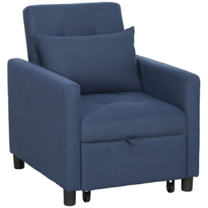 Fauteuil chauffeuse canapé-lit convertible 1 place dossier inclinable 3 positions coussin inclus polyester coton bleu