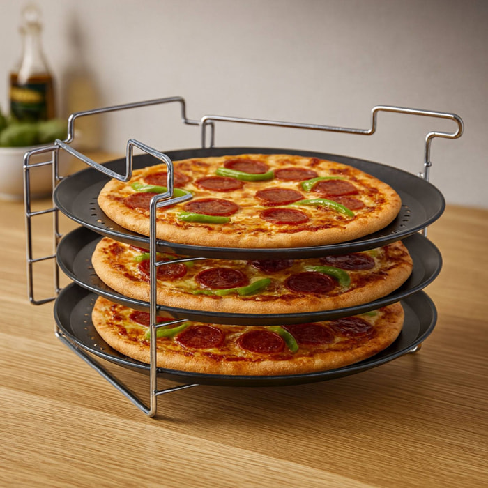 Juego de horneado de pizza de 4 pzs con soporte de alambre y 3 bandejas