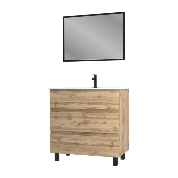 Meuble salle de bain 80x80 - Finition chene naturel + vasque blanche + miroir - TIMBER 80 - Pack25