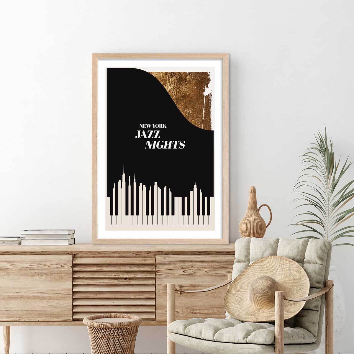 Poster new york jazz night Affiche + cadre en bois - Chêne