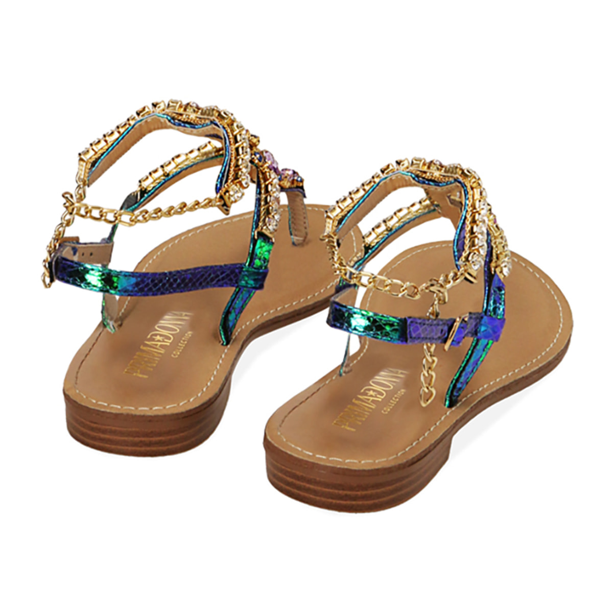 Sandalias planas azul claro con estampado de víbora