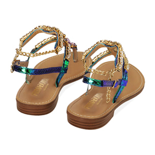 Sandalias planas azul claro con estampado de víbora