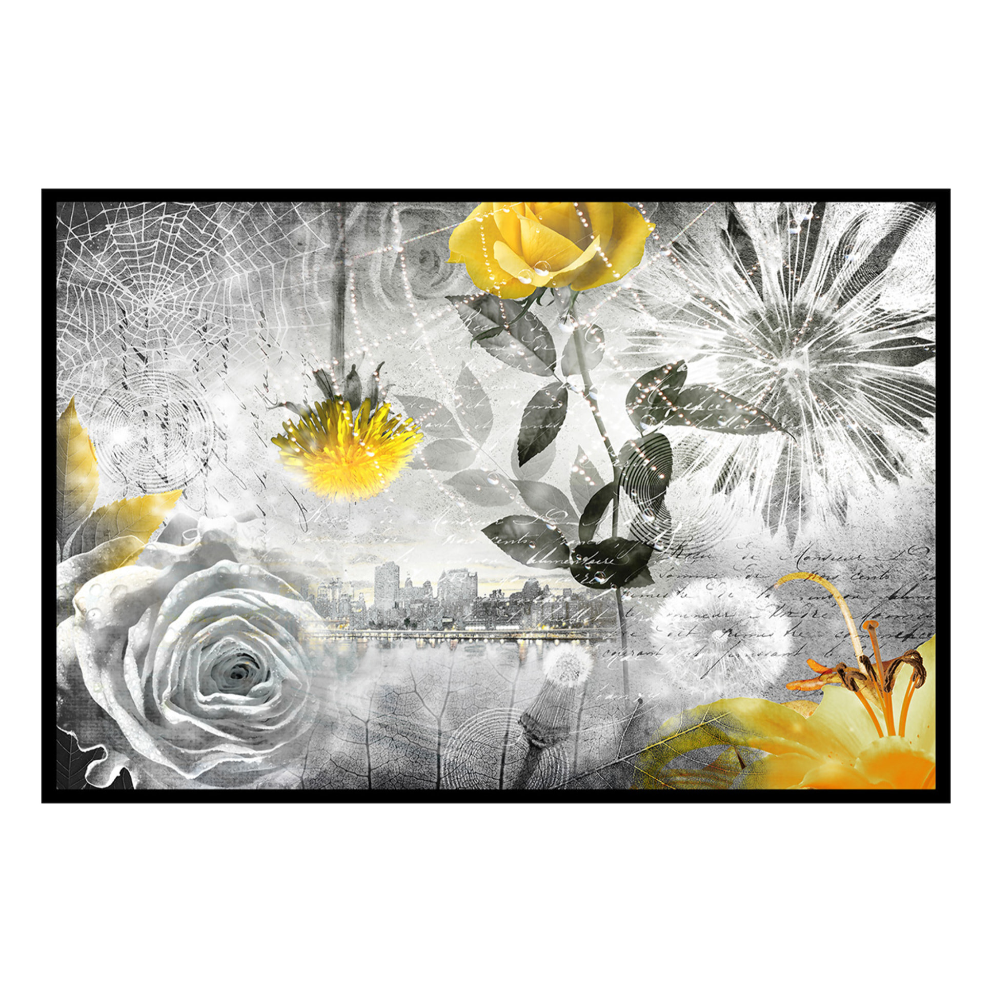 Affiche encadrée collage floral jaune et noir Affiche + cadre en métal - Noir