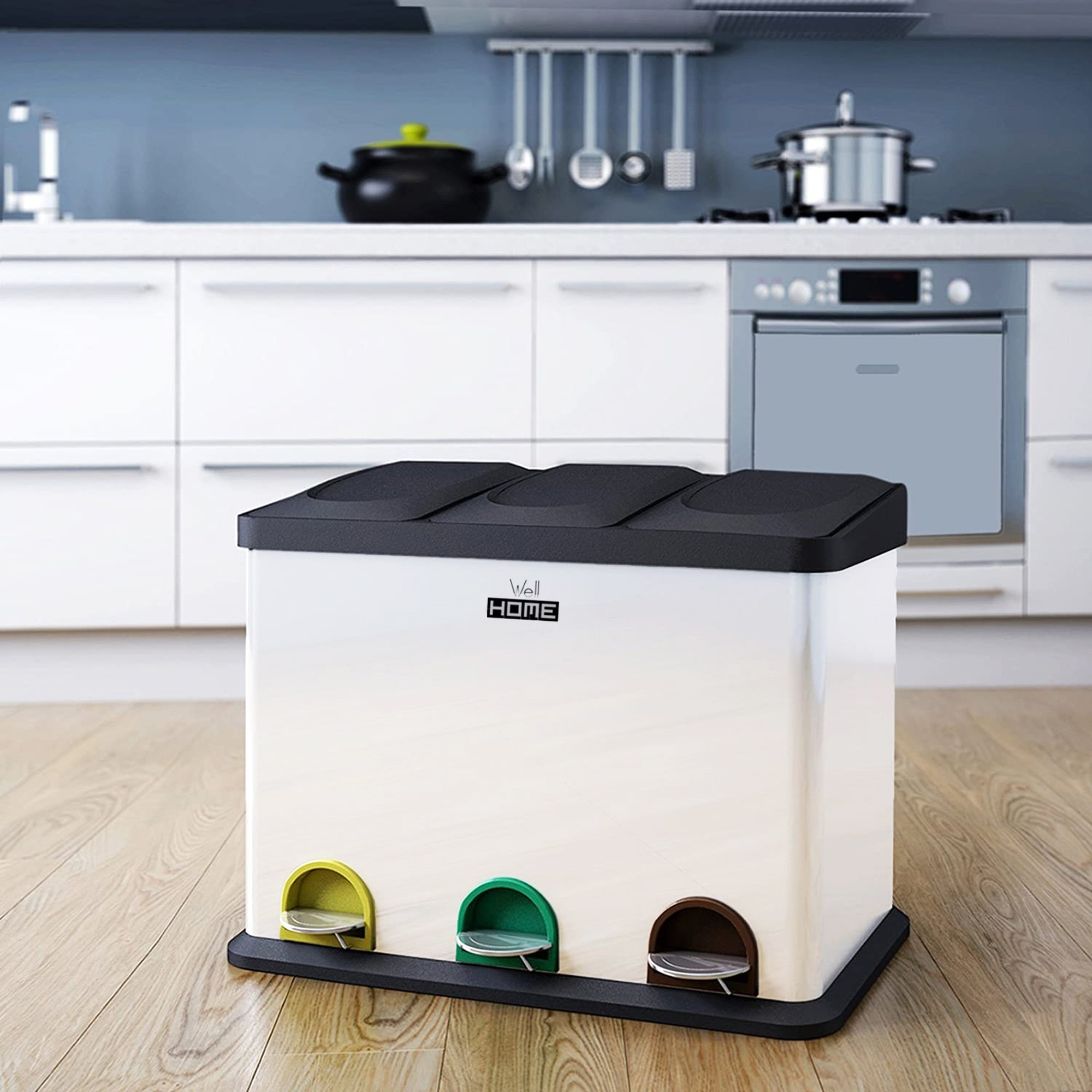 Cubo de reciclaje ecológico 45 litros de 3 compartimentos, reciclaje de basura / cubos de reciclaje, gran capacidad, para papel, vidrio y plástico