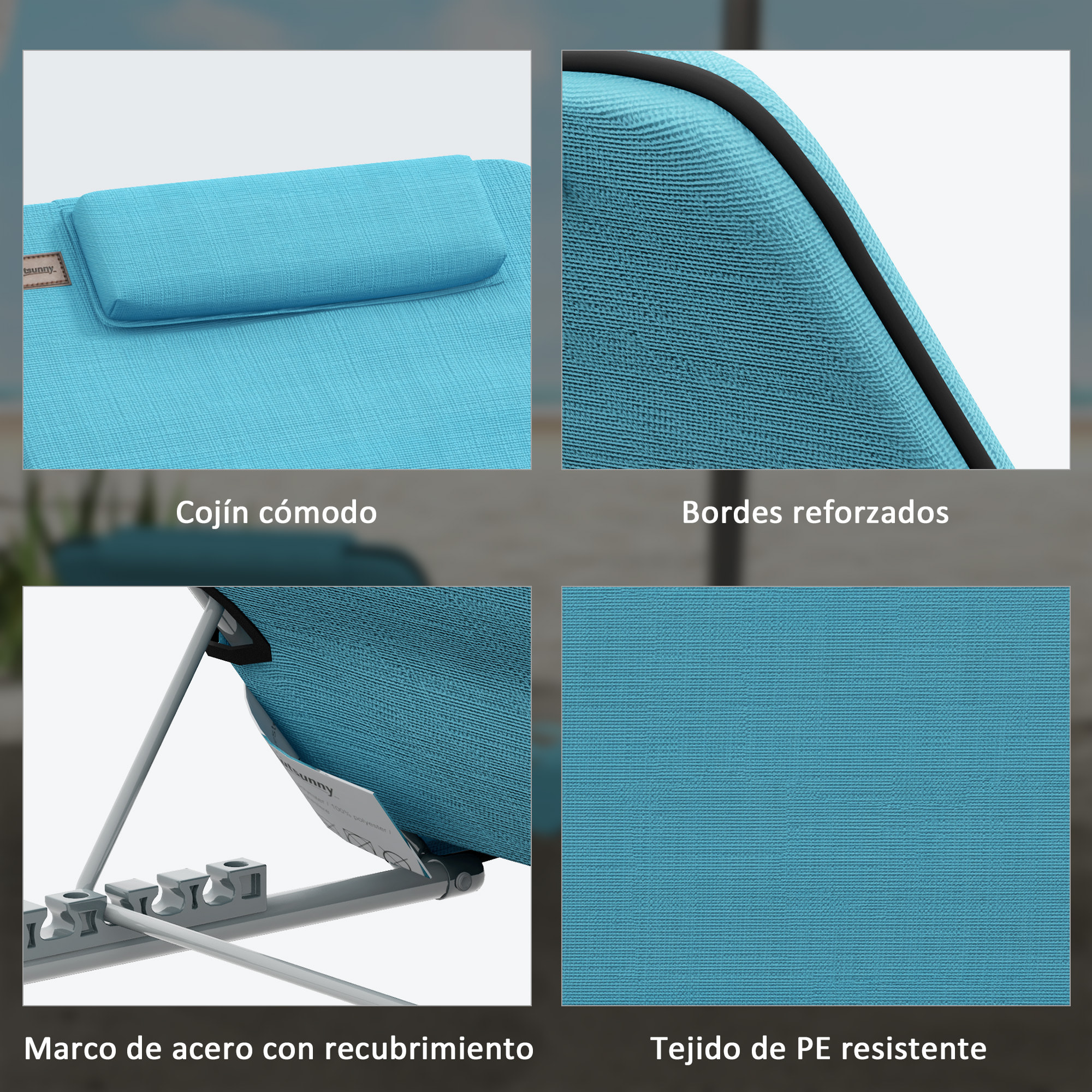 Conjunto de 2 Esterillas de Playa Plegables, Esterillas con Respaldo Reclinable en 5 Niveles, Reposacabezas y Bolsa de Transporte, 134x48x33-43 cm, Azul