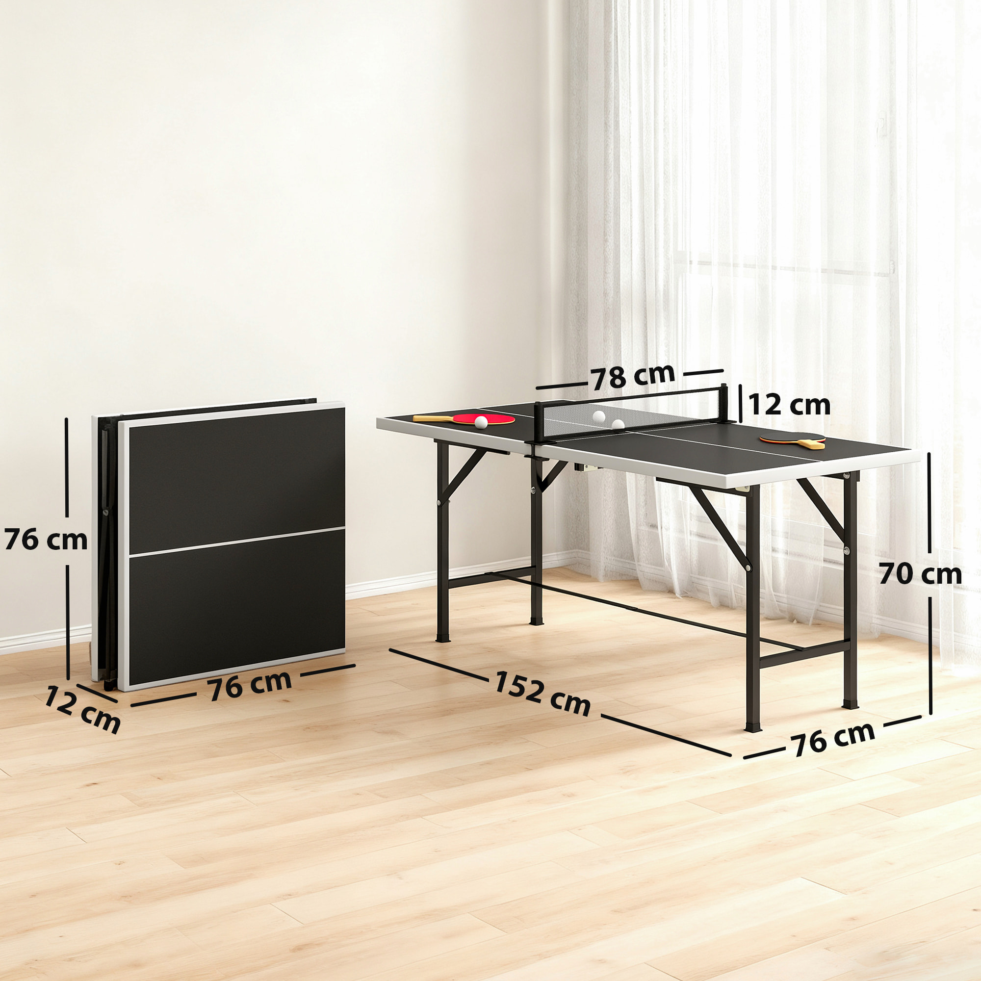 Mini Mesa de Ping Pong Plegable 152x76x70 cm, Mesa de Ping Pong Exterior con Red, 2 Raquetas y 3 Pelotas, Fácil de Transportar, Estable, para Interior y Exterior, Negro