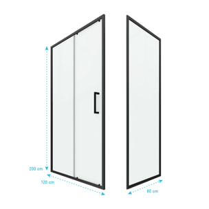 Porte de douche + Retour 120x80x200 cm - Verre 6 mm - Profilé Noir - CRUSH