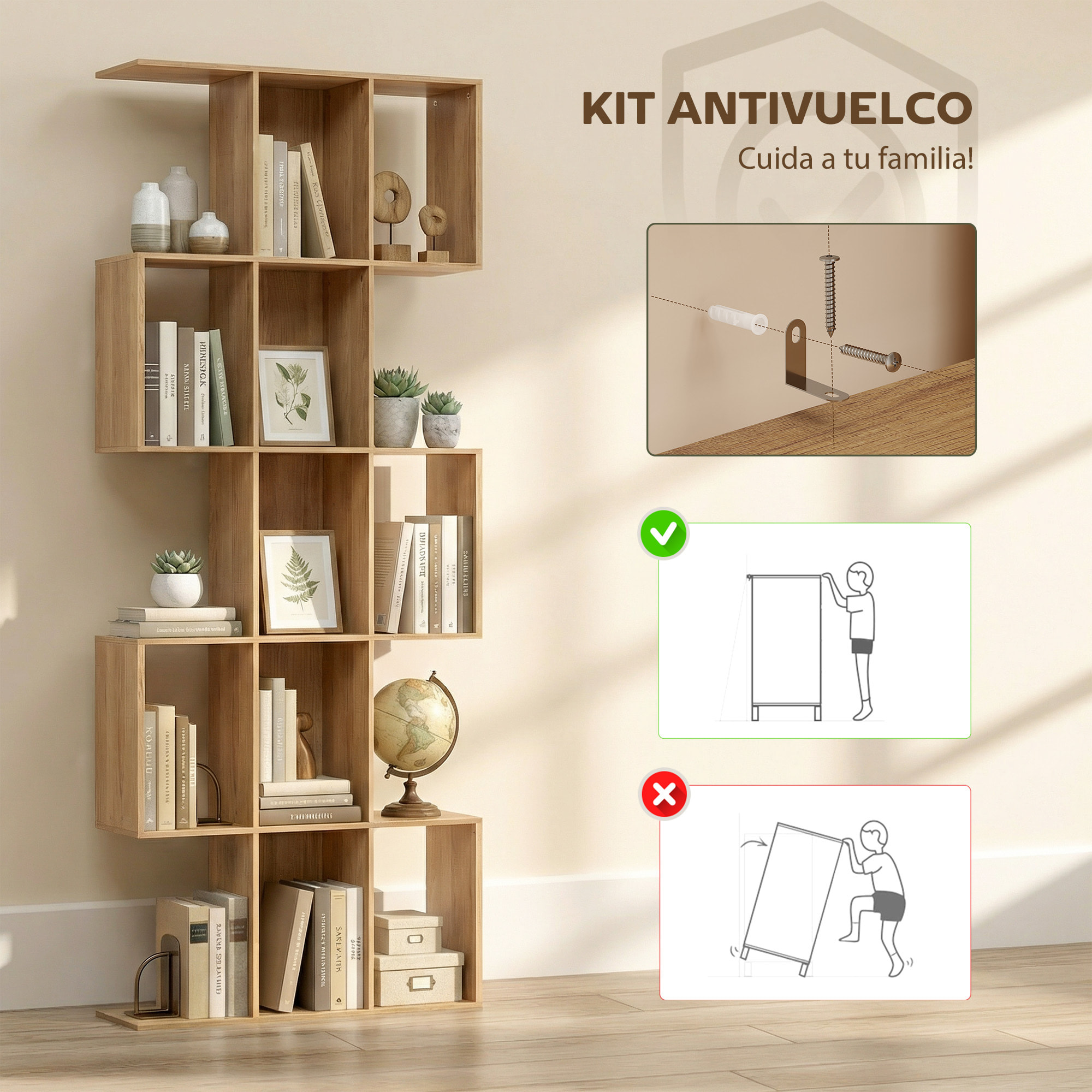 Estantería de 5 Niveles, Biblioteca Estrecha, Librería en Forma de S, para Salón, Dormitorio, Estudio, Oficina, 80x24x200 cm, Roble