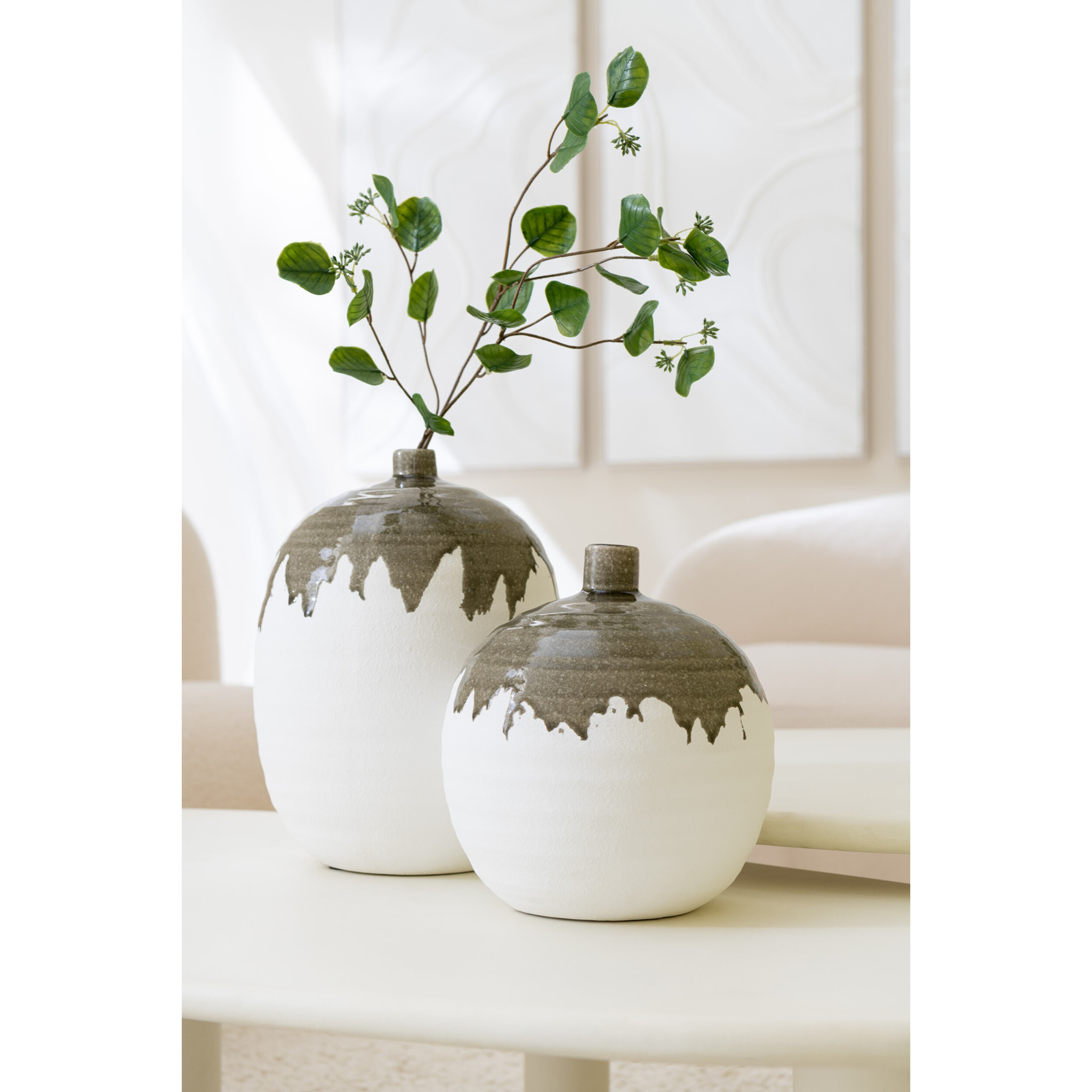 J-Line Vase Olea Bouteille Oval Vert Olive /Blanc