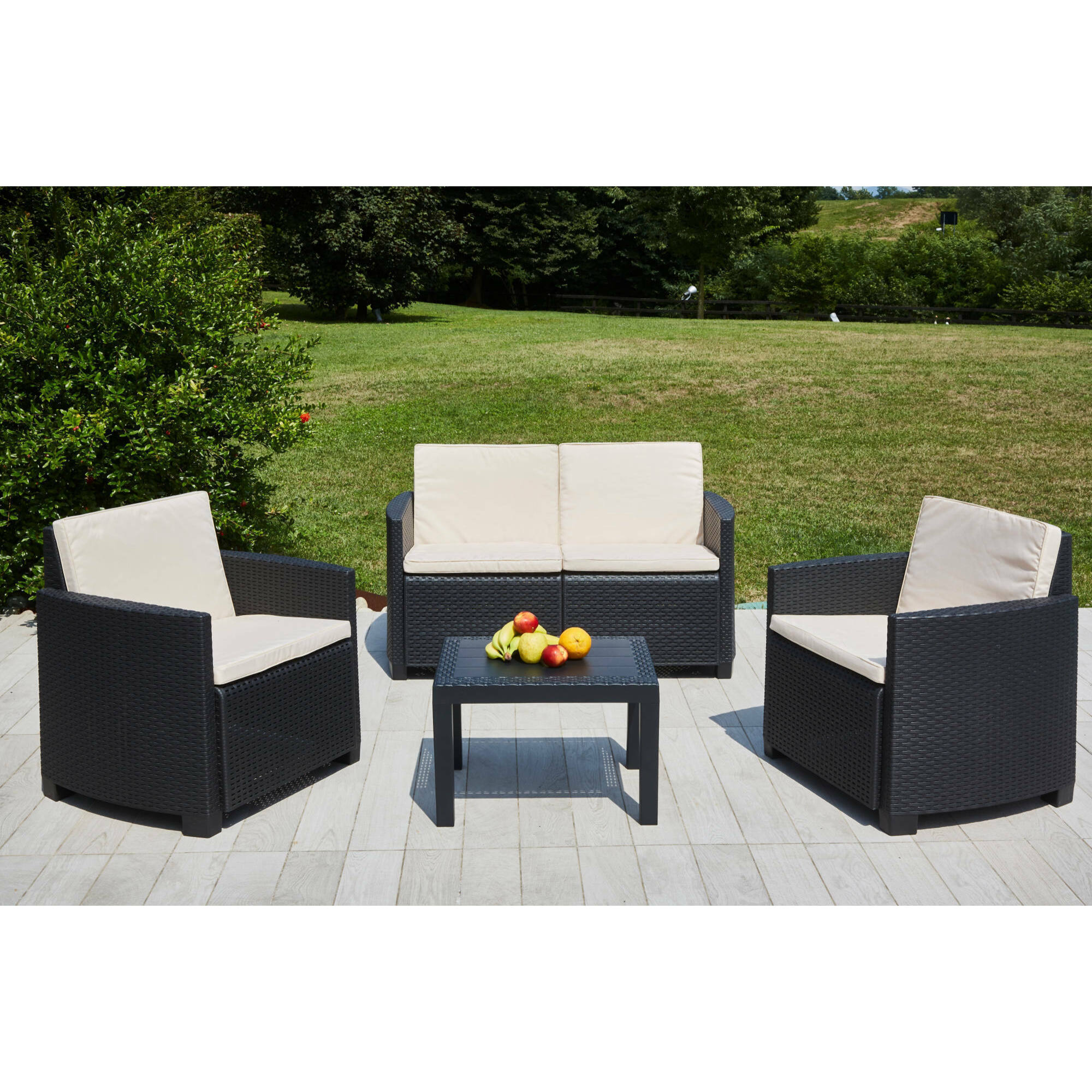 Set salotto da esterno Sassari, Set da giardino con 2 poltrone, 1 divano ed 1 tavolino, Salottino effetto rattan con cuscini, 100% Made in Italy, Antracite