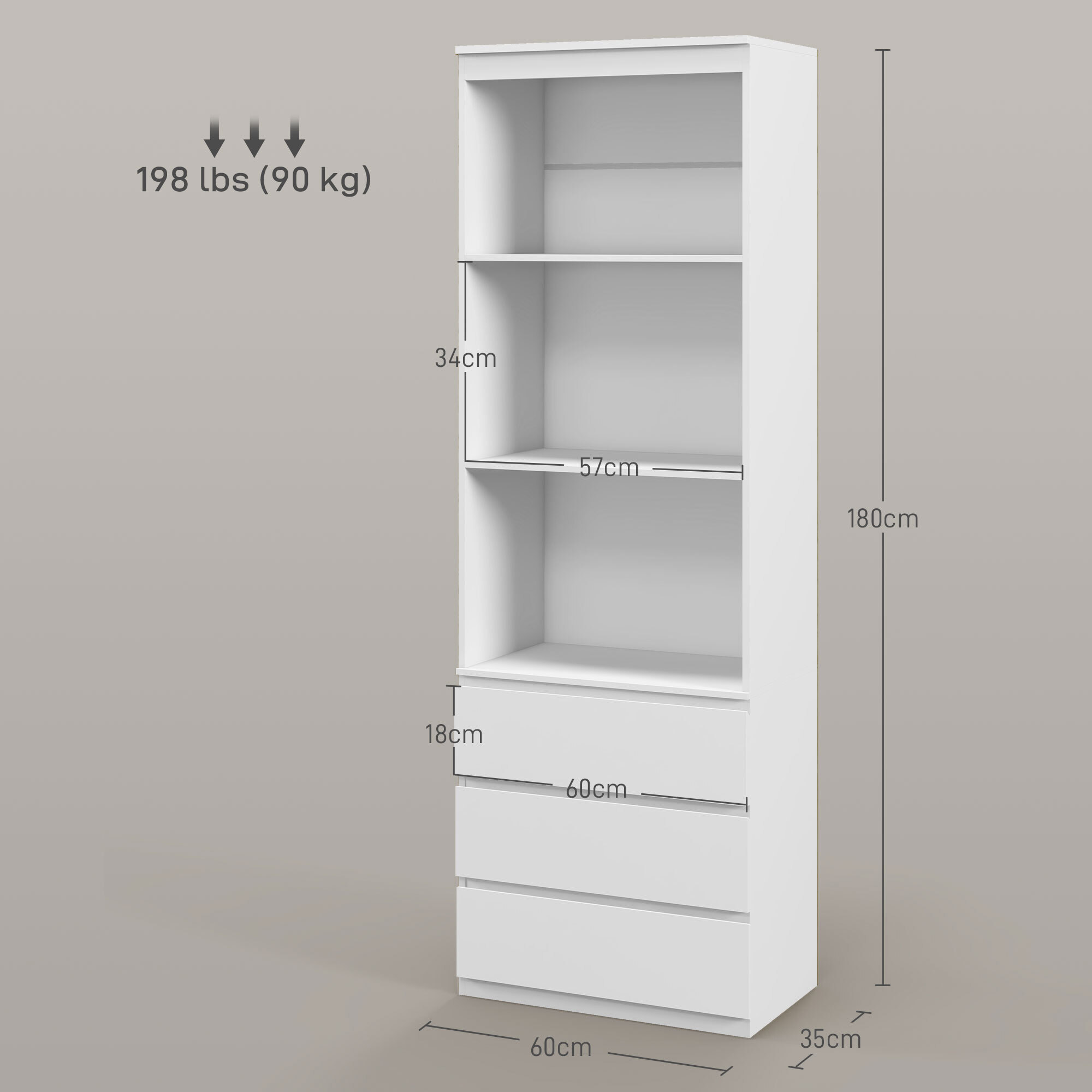 Bibliothèque 3 étagères 3 tiroirs - dim. 60L x 35l x 180H cm - panneaux aspect bois blanc