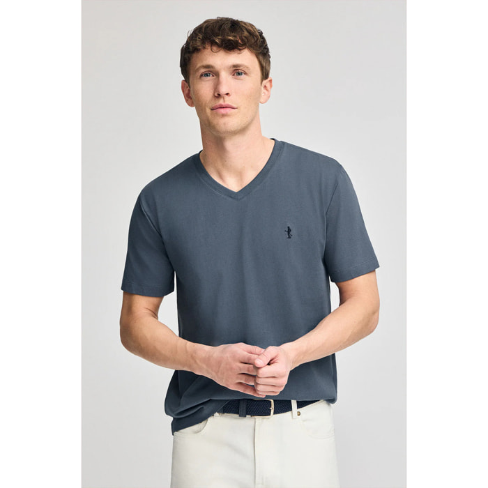 Maglietta blu denim a maniche corte e scollo a V con ricamo Rigby Best