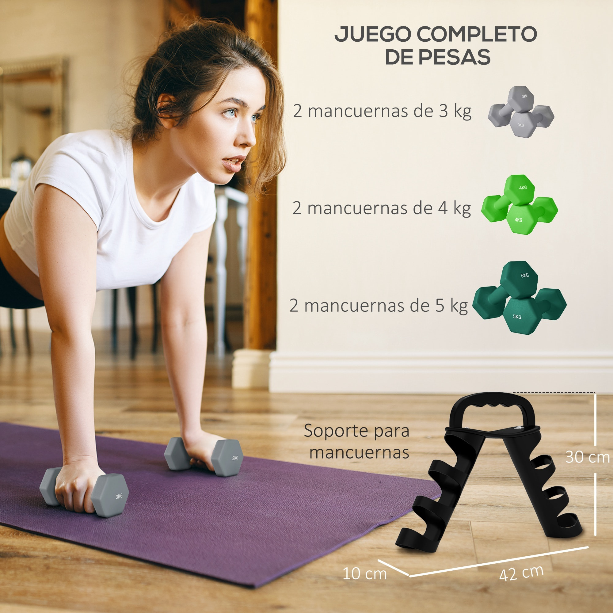 Juego de Mancuernas 2 x3kg 2 x4kg 2 x5kg Mancuernas Hexagonal con Soporte de Almacenamiento para Ejercicio Entrenamiento en Casa Gimnasio Multicolor