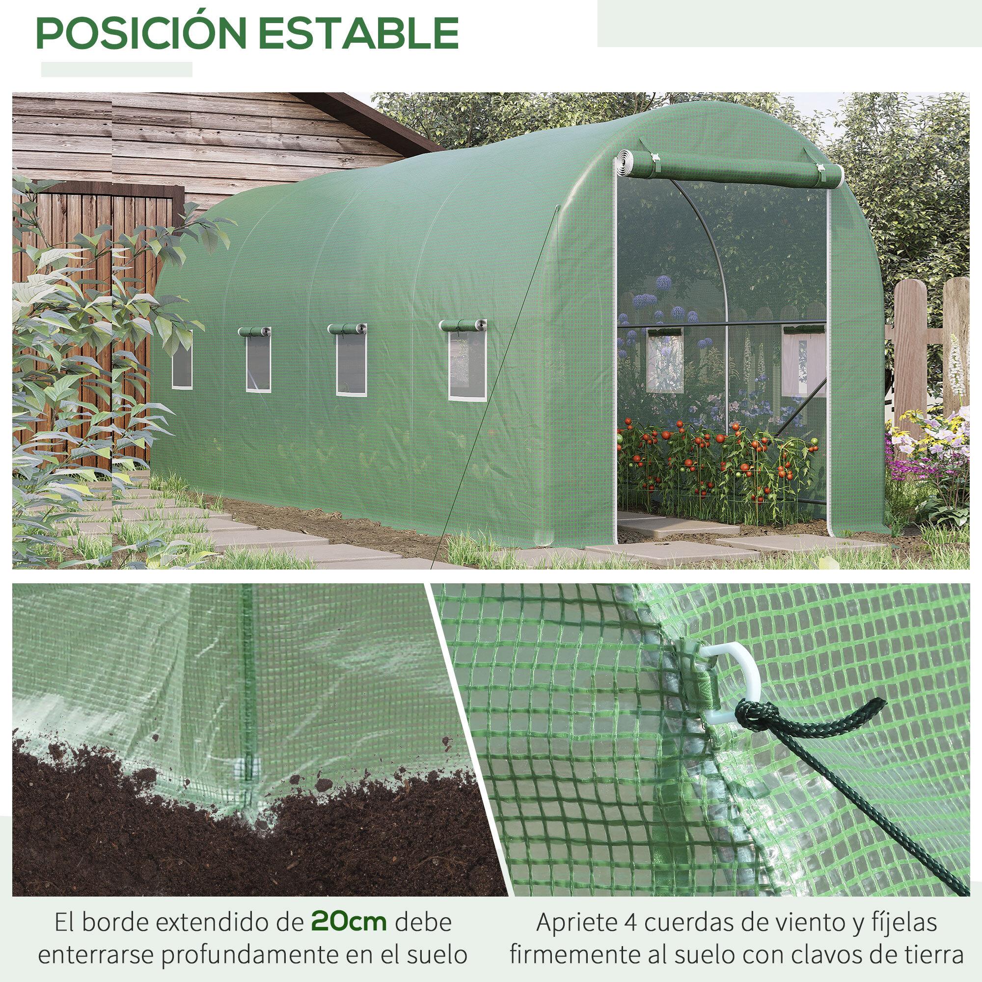 Invernadero de Túnel 500x200x205 cm Invernadero de Jardín con Puerta Enrollable y 8 Ventanas Cubierta PE 140 g/m² Marco de Metal para Cultivo Plantas Verduras Verde