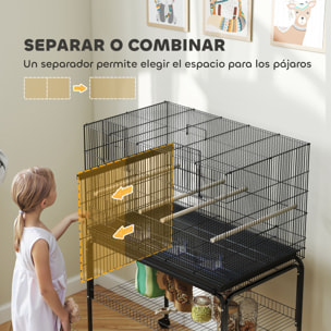 Jaula para Pájaros con Divisor Jaula con Ruedas para Mascota Aves Loros Canarios Pajarera con Comederos Perchas y Bandeja Extraíble 94x57x128 cm Negro