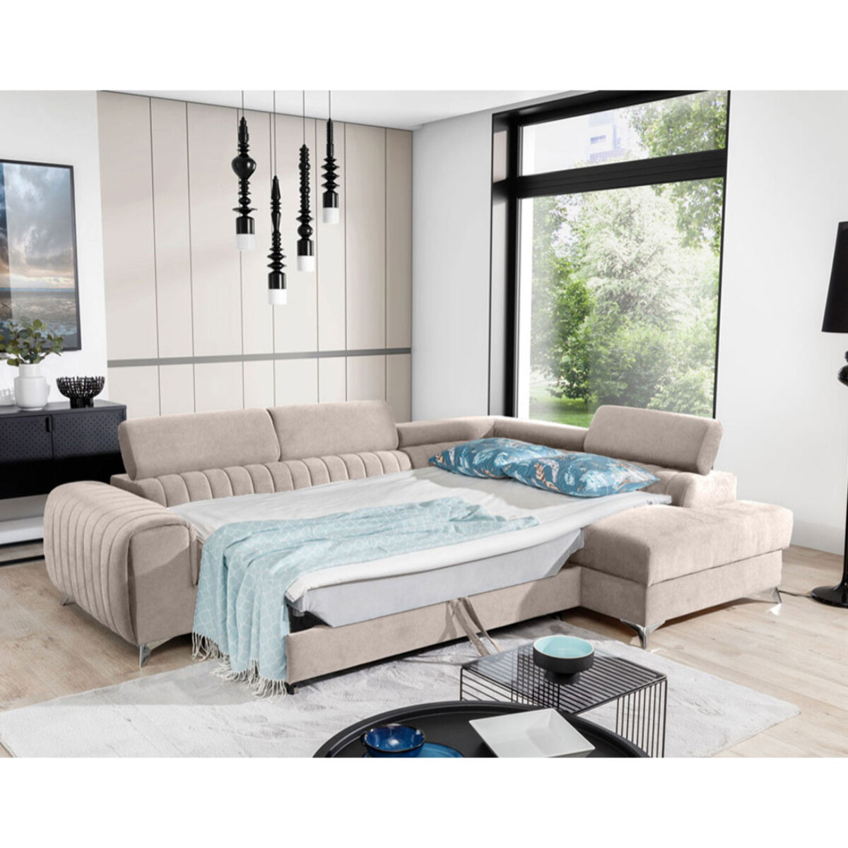 Talisay - canapé d'angle droit - 5 places - convertible avec coffre - en velours - Beige