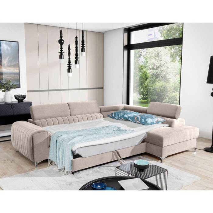 Talisay - canapé d'angle droit - 5 places - convertible avec coffre - en velours - Beige