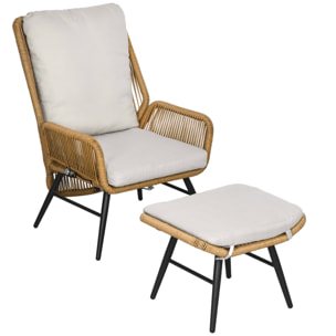 Fauteuil lounge de jardin inclinable avec repose-pied coussins inclus résine tressée aspect rotin