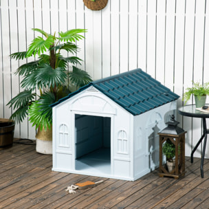 Niche chien style cottage - motifs fenêtres, porte, aération - PP blanc bleu