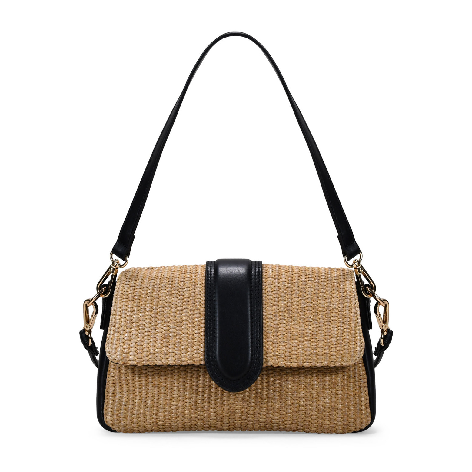 Bolso de hombro negro en rafia con solapa