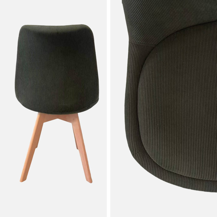 Lot de 4 chaises scandinaves revêtement velours côtelé kaki. pieds bois de hêtre - Nils