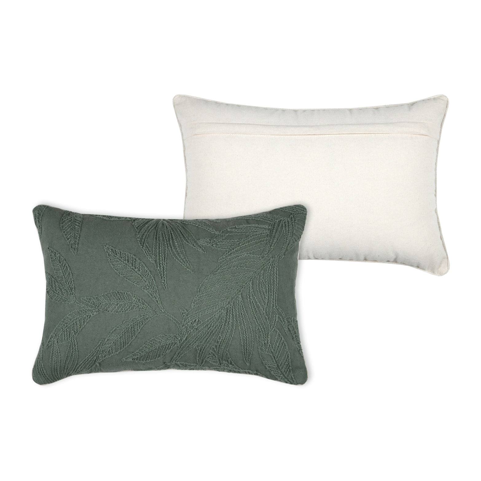 Coussin rectangulaire en coton à feuillage brodé - Kaki