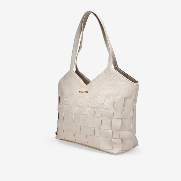 Bolso tote beige con tiras entrelazadas y cremallera