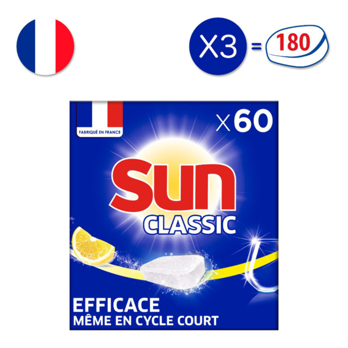 3x60 Tablettes Lave-Vaisselle Sun Classic Citron Efficacité & Brillance (180 lavages)