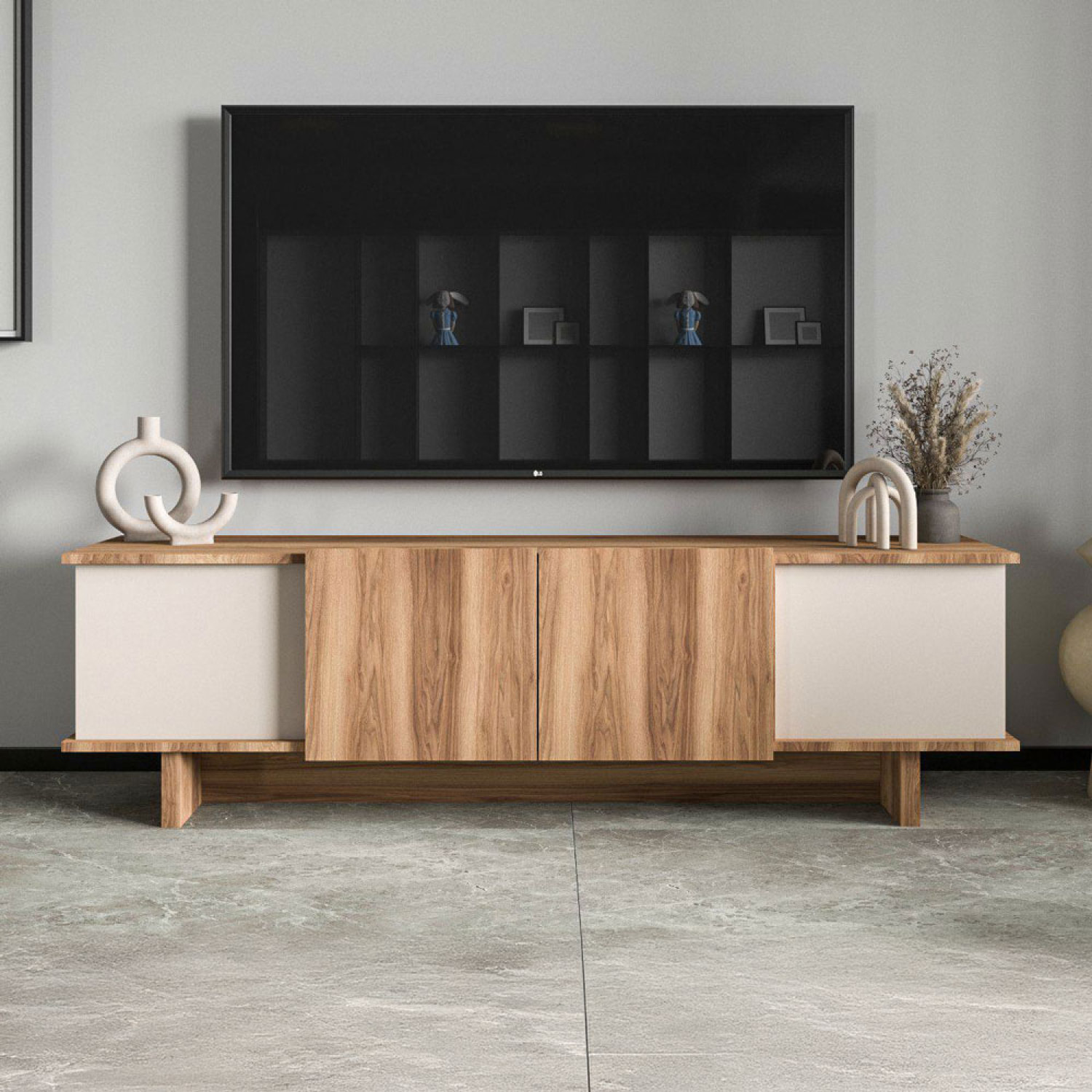 ANOUCK Meuble TV design avec placards aspect bois et beige 180cm
