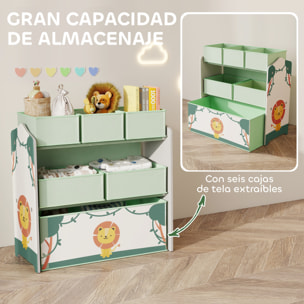 Estantería Infantil para Juguetes, con 6 Cajas Extraíbles de Tela no Tejida, Organizador de Juguetes de 3 Niveles, para Habitación Infantil, Sala de Juegos, Guardería, 63x30x66 cm, Verde
