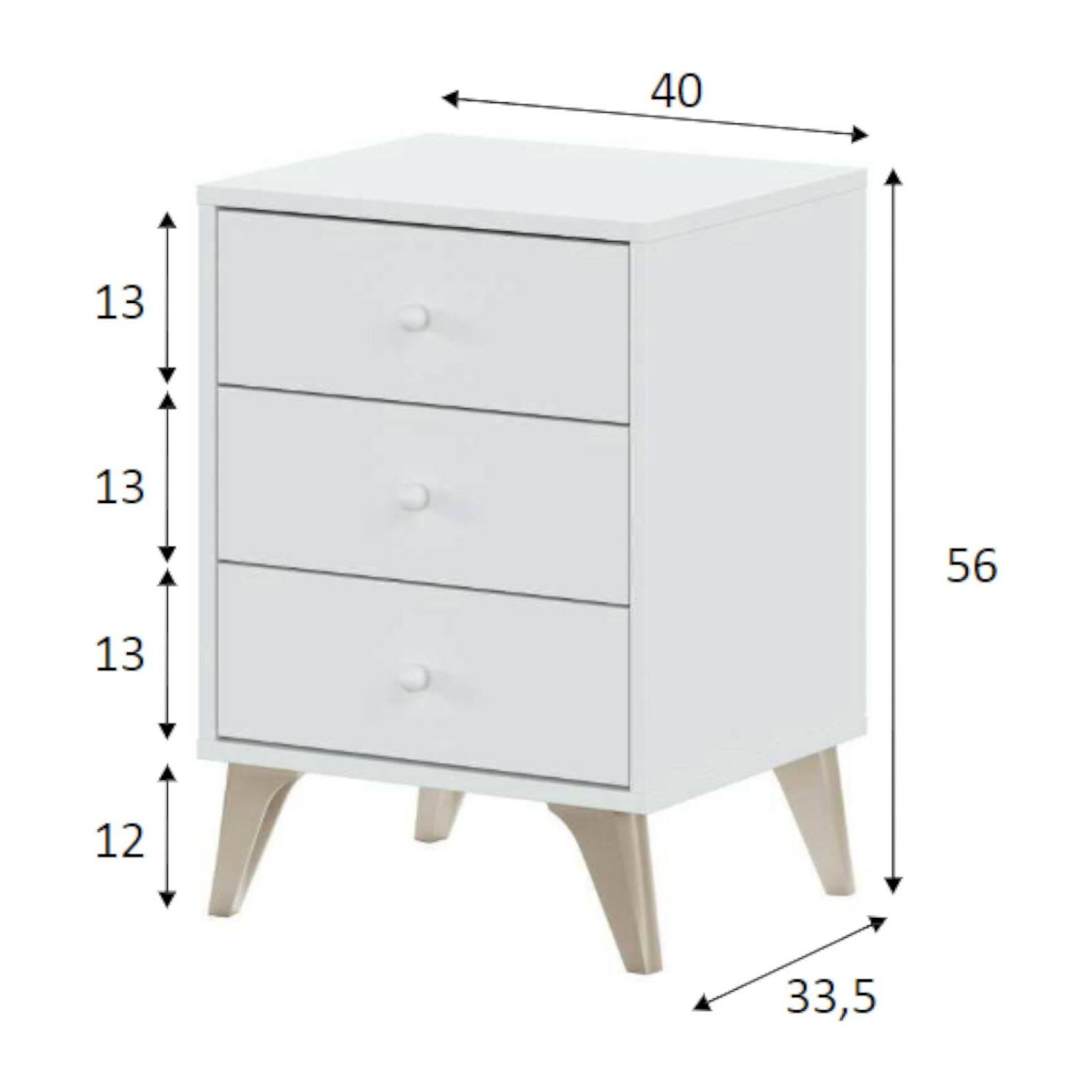 Comodino Attina, Comodino a 3 cassetti, Tavolino da notte, 40x34h56 cm, Bianco e Rovere